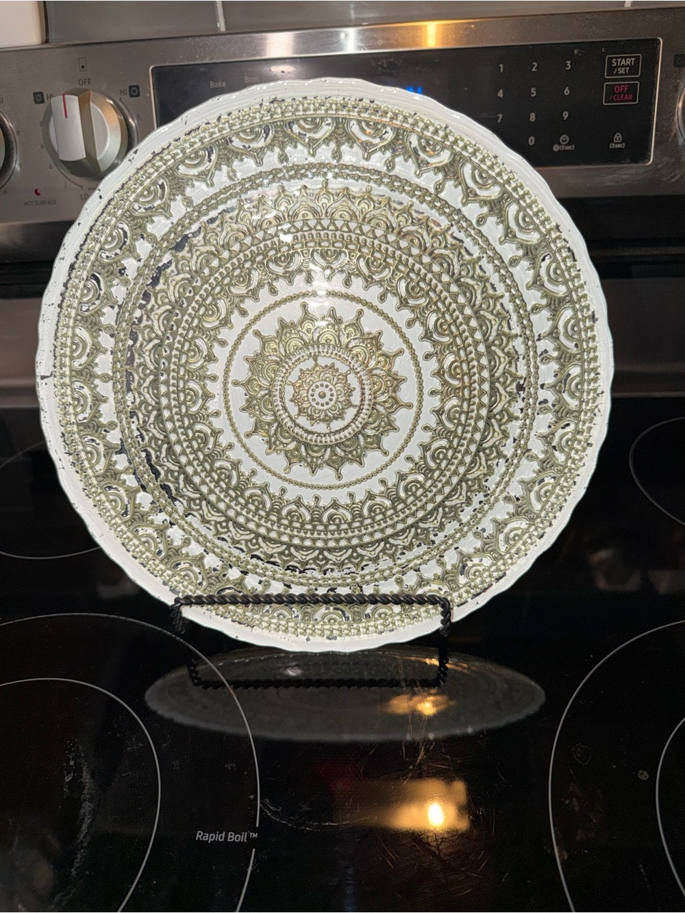 Pair of Turkish Hand Painted Gold Lace Pattern Dishes. 10.75 in. Good Condition